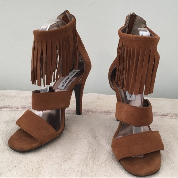 Steve Madden Tan Suede Fringe Ankle Heeled Sandals - Picture 1 of 8